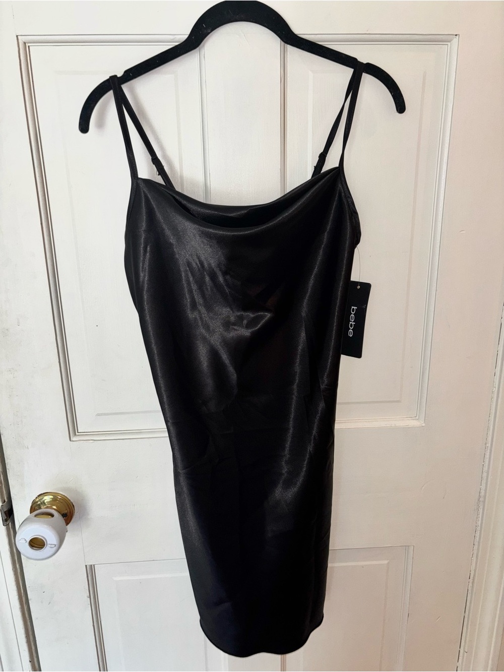 bebe Black Satin Slip Dress with Cowl Neck